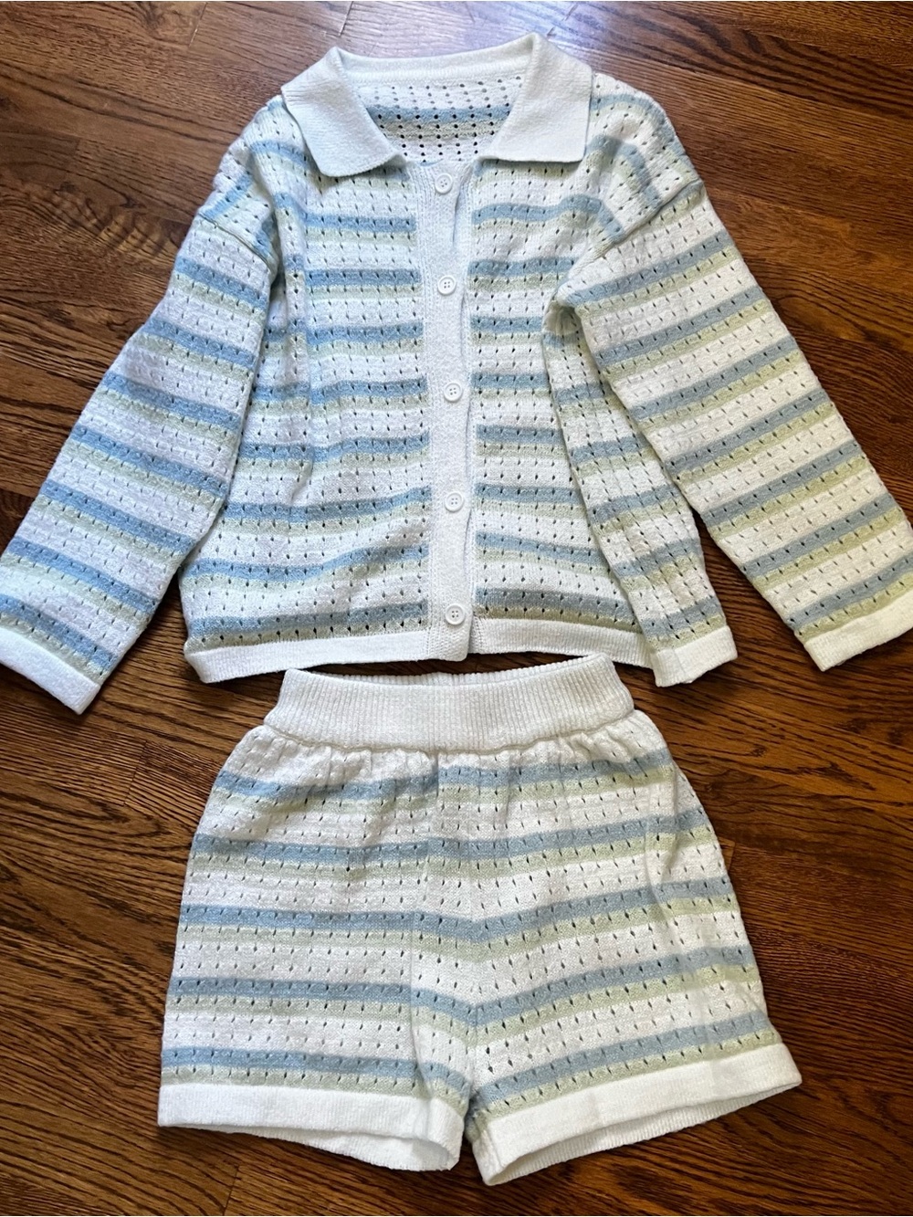 Women’s Two-Piece Striped Knit Set in White, Pastel Blue & Soft Green